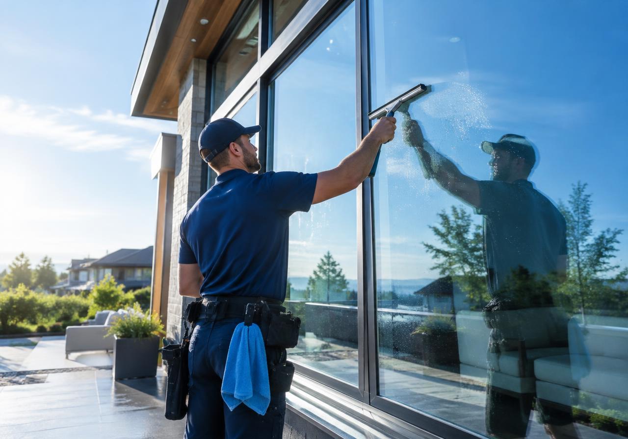 Technician cleaning residential windows